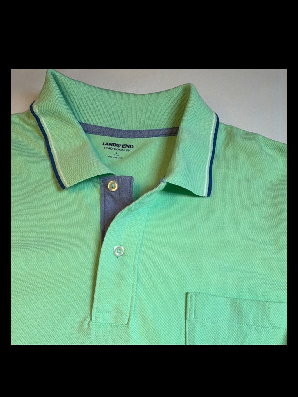 Lands End Mens Light Mint Green Polo With Contrast Trim